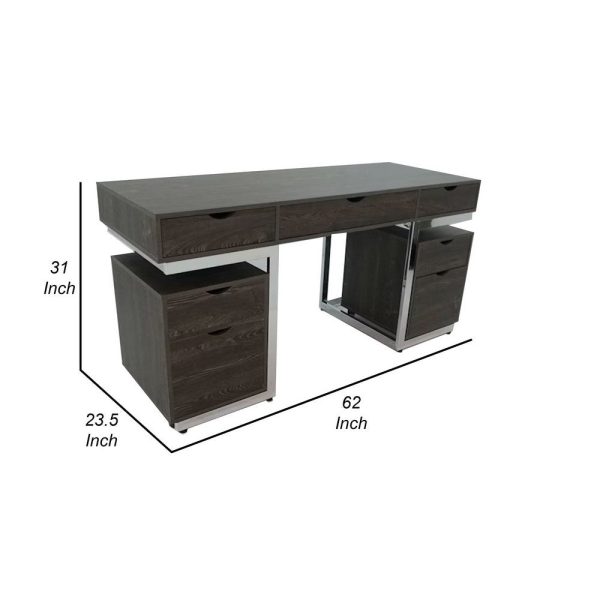 3 Piece Writing Desk with 2 File Cabinets, Dark Oak Brown, Chrome Frame By Casagear Home Cheap - Image 5
