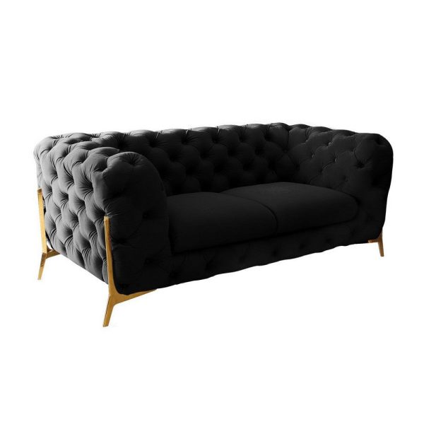 Reno Joni 74 Inch Loveseat, Tufted Black Velvet, Metal Legs in Gold Finish By Casagear Home Fashion - Image 2