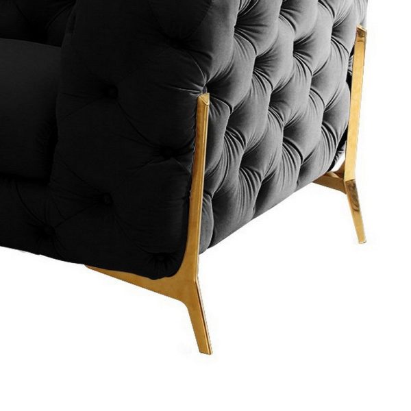 Reno Joni 74 Inch Loveseat, Tufted Black Velvet, Metal Legs in Gold Finish By Casagear Home Fashion - Image 5