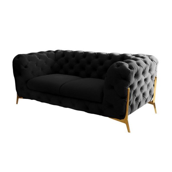 Reno Joni 74 Inch Loveseat, Tufted Black Velvet, Metal Legs in Gold Finish By Casagear Home Fashion - Image 3