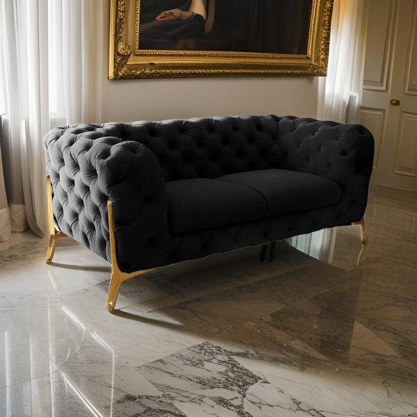 Reno Joni 74 Inch Loveseat, Tufted Black Velvet, Metal Legs in Gold Finish By Casagear Home Fashion