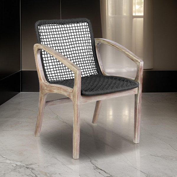 Tye 25 Inch Patio DIning Chair, Light Eucalyptus Wood, Dark Gray Rope Seat By Casagear Home Online