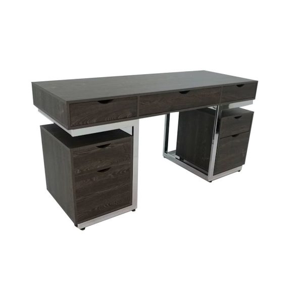 3 Piece Writing Desk with 2 File Cabinets, Dark Oak Brown, Chrome Frame By Casagear Home Cheap