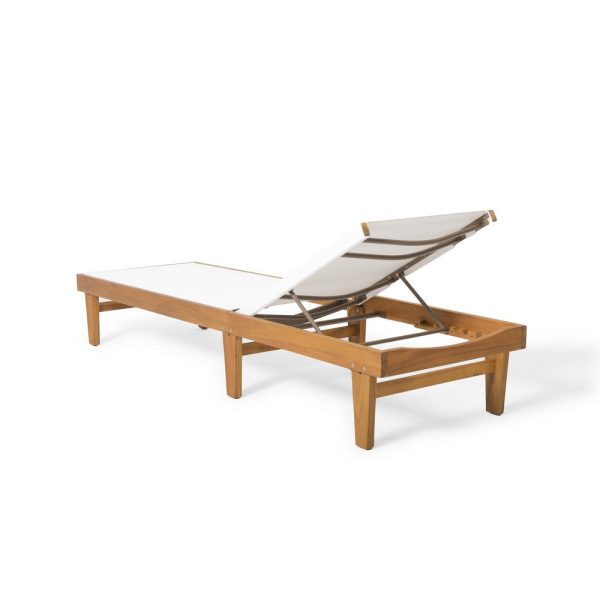 Liam Outdoor Chaise Lounger, Ergonomic White Mesh Seat, Brown Acacia Wood By Casagear Home For Sale - Image 4